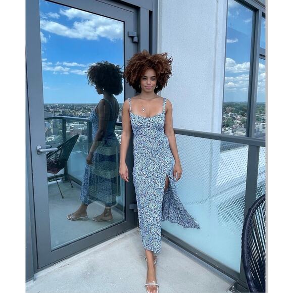 Zara Blue Floral Smocked V Neck Sleeveless Cami Camisole Slit Sheath Midi Dress - Picture 11 of 13